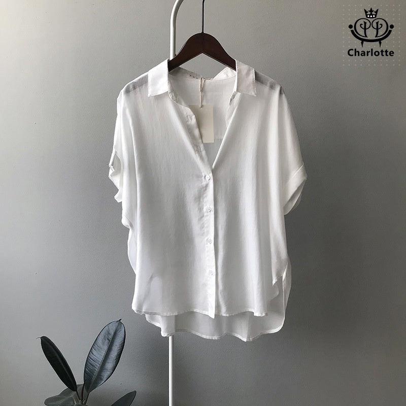 French Tencel linen short-sleeved shirt short-sleeved lapel top Tencel shirt [CHSH27]