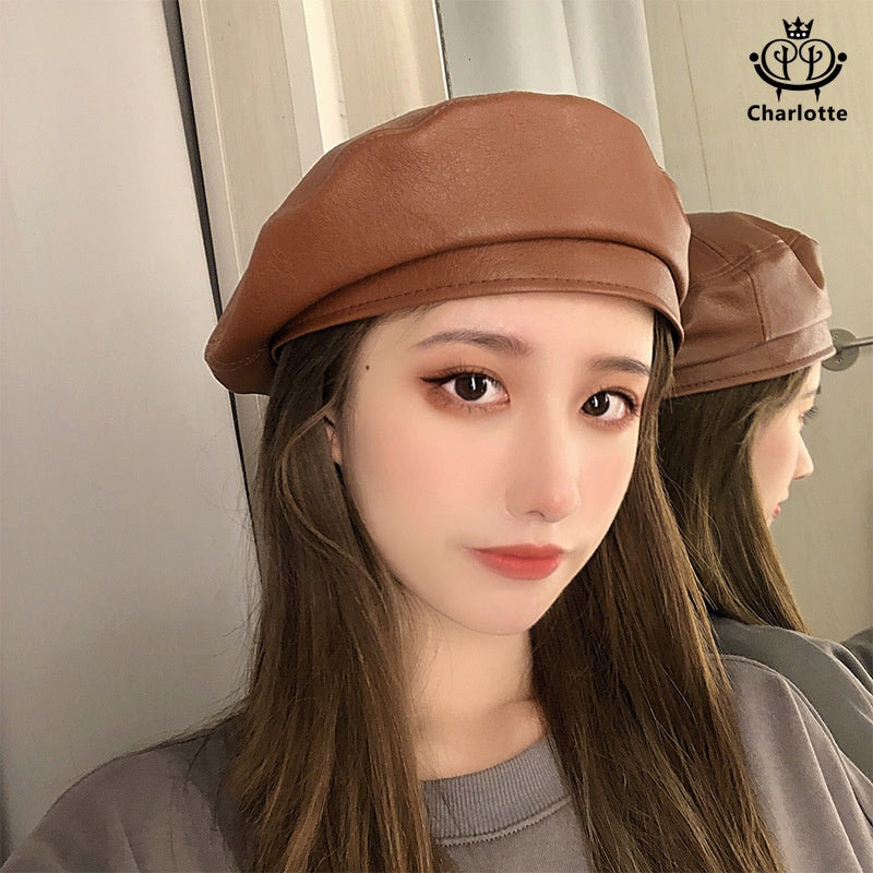 Fashionable retro PU leather beret octagonal hat British painter hat retro leather hat [CHCA5]