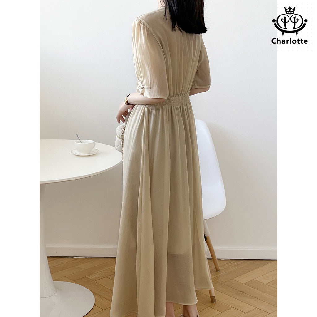 French V-neck disc buttoned elegant dress short-sleeved dress with tight back waist [CHSK68]