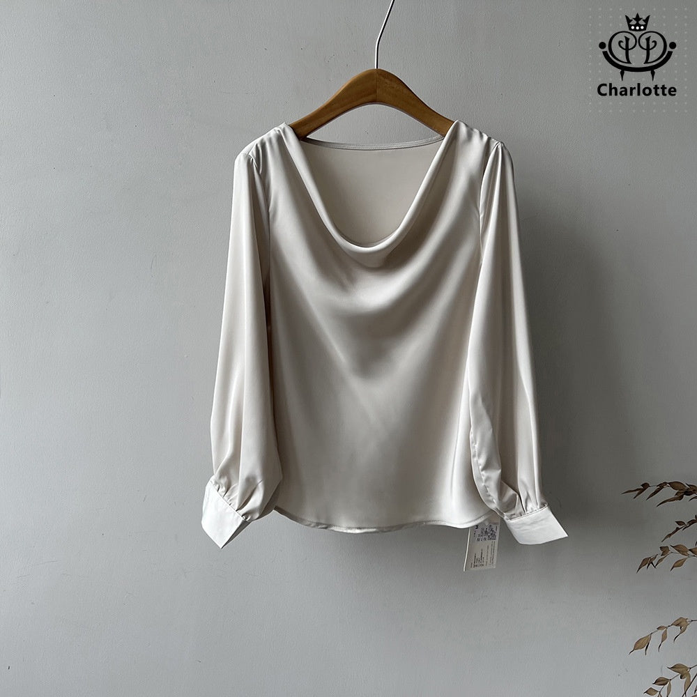 Light and luxurious swaddle collar thin long-sleeved top long-sleeved solid color shirt [CHSH102]