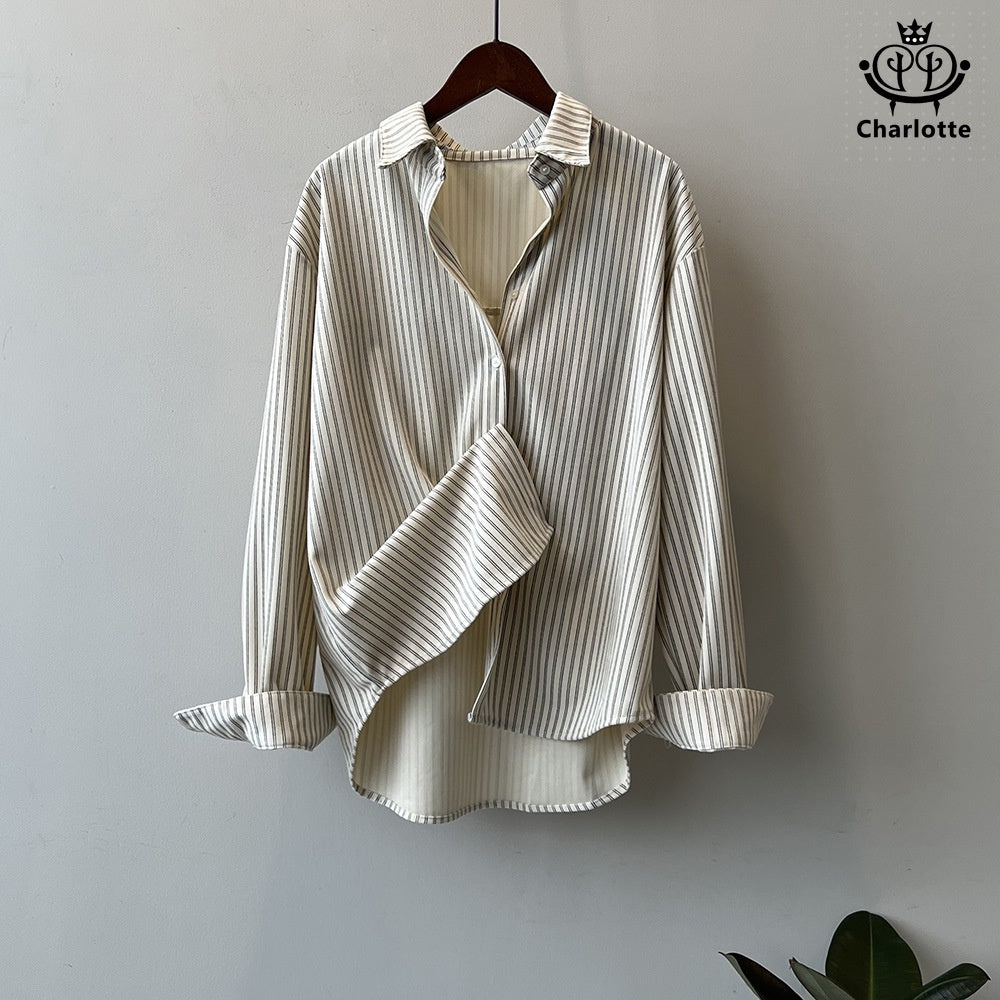 French retro salt striped shirt loose long-sleeved shirt [CHSH107]