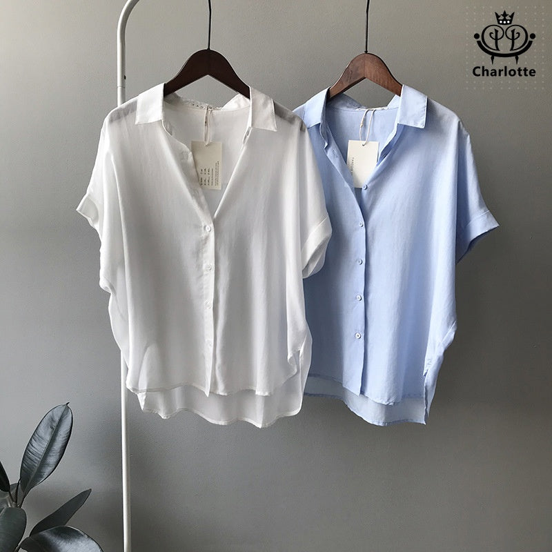 French Tencel linen short-sleeved shirt short-sleeved lapel top Tencel shirt [CHSH27]