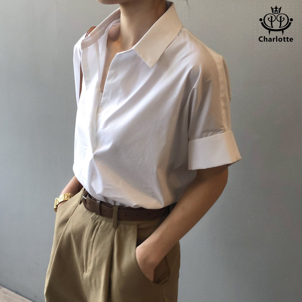 French drape pullover shirt, short-sleeved shirt, V-neck shirt, rolled sleeve shirt [CHSH29]