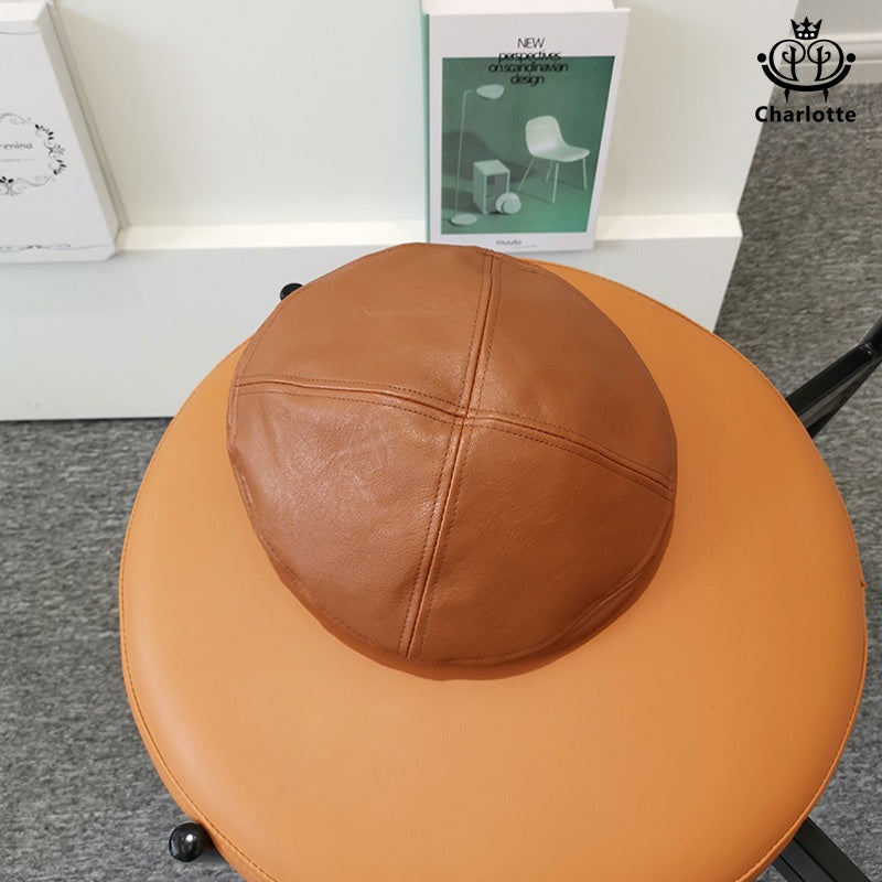 Fashionable retro PU leather beret octagonal hat British painter hat retro leather hat [CHCA5]