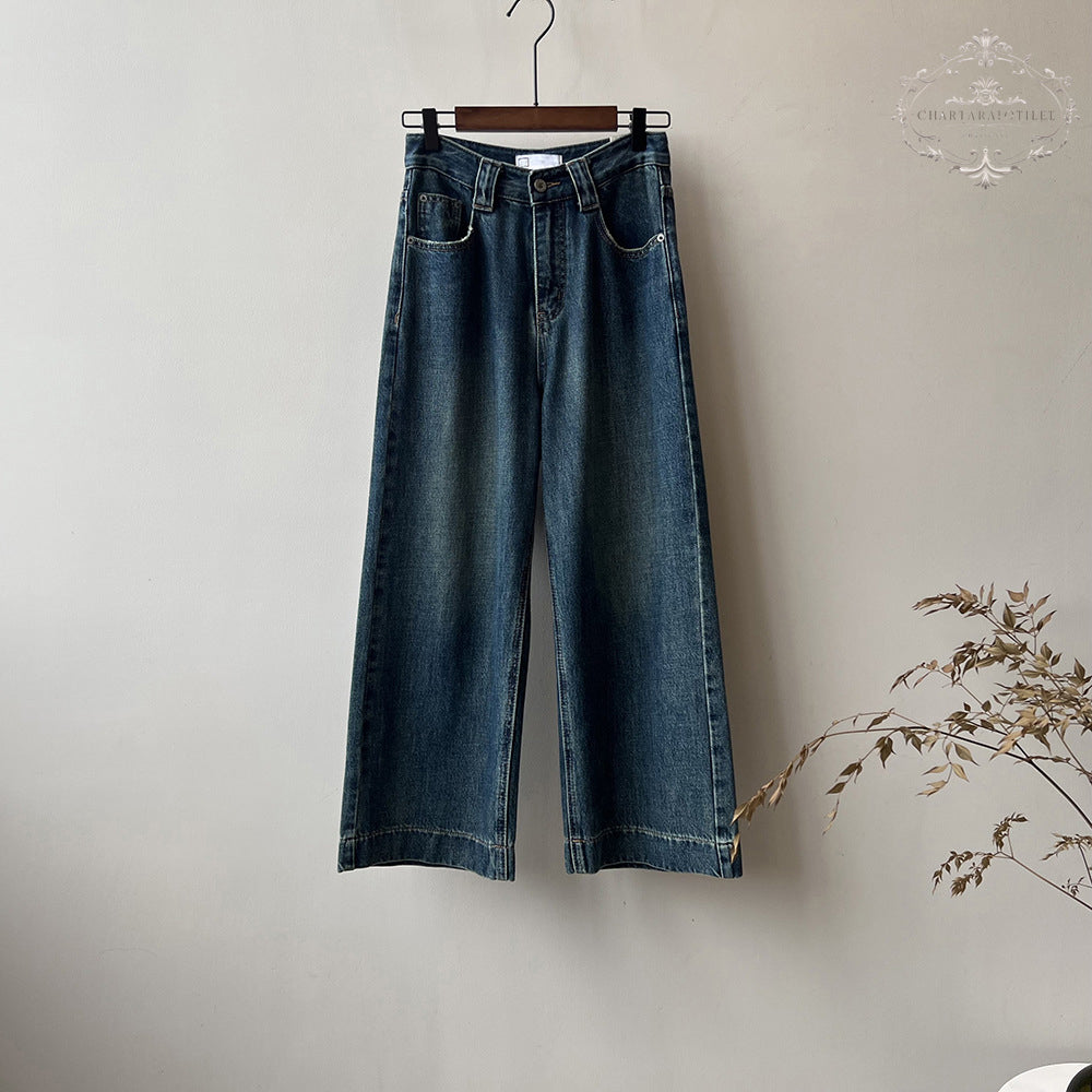 Lady's high-waisted straight-leg nine-point jeans Korean style loose wide-leg pants nine-point long jeans girls' jeans [CHJ11]