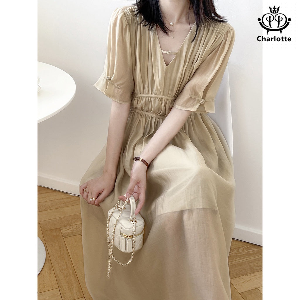 French V-neck disc buttoned elegant dress short-sleeved dress with tight back waist [CHSK68]