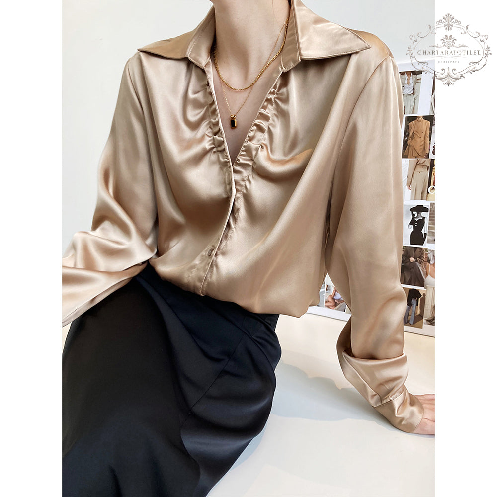 French European and American style lazy satin shirt pleated V-neck long-sleeved shirt [CHSH111]