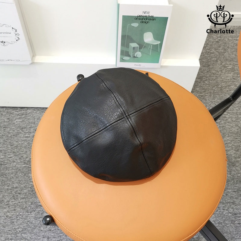 Fashionable retro PU leather beret octagonal hat British painter hat retro leather hat [CHCA5]