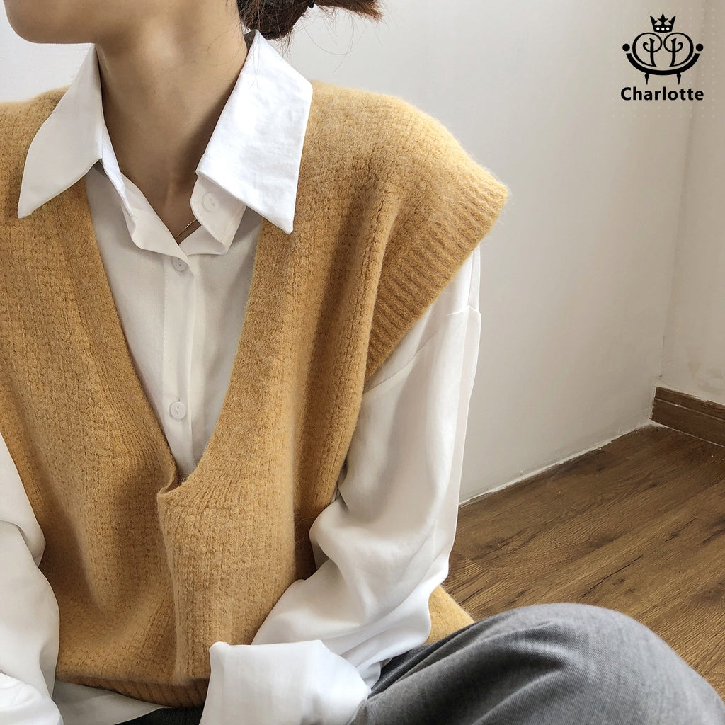 French V-neck loose vest sweater vest knitted vest vest [CHSW17]