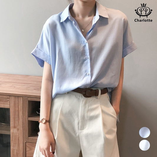 French Tencel linen short-sleeved shirt short-sleeved lapel top Tencel shirt [CHSH27]