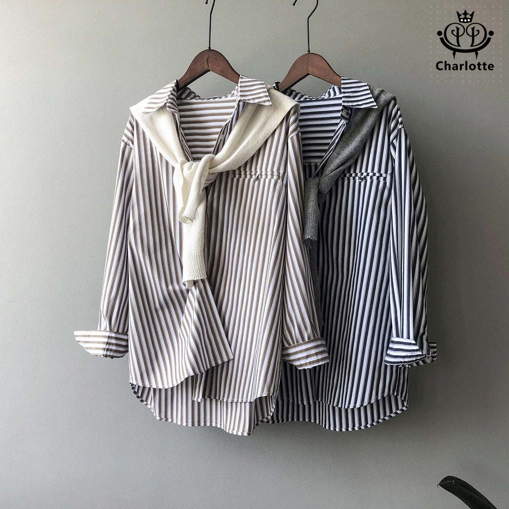 French striped shirt, stand-up collar shirt, lapel shirt, long-sleeved shirt [CHSH34]