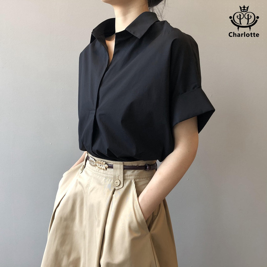 French drape pullover shirt, short-sleeved shirt, V-neck shirt, rolled sleeve shirt [CHSH29]