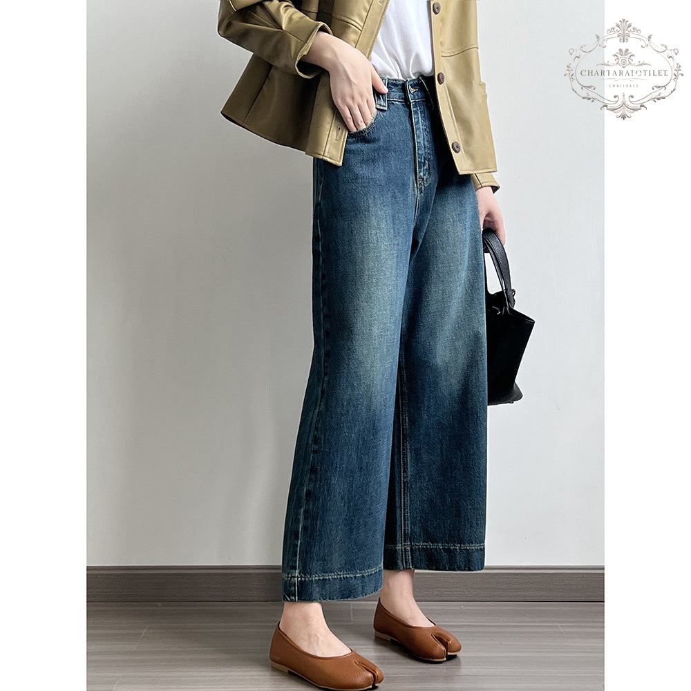 Lady's high-waisted straight-leg nine-point jeans Korean style loose wide-leg pants nine-point long jeans girls' jeans [CHJ11]