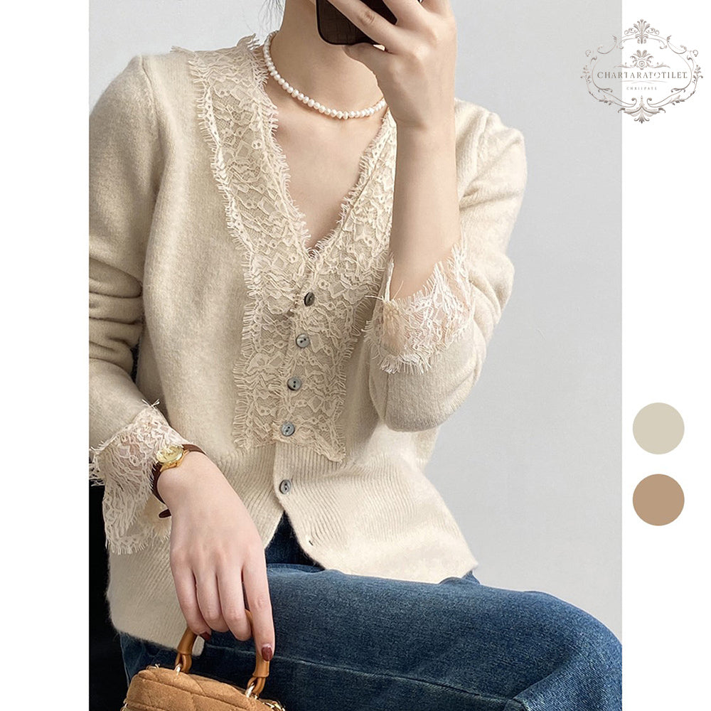 French lace stitching V-neck sweater design winter slim long-sleeved sweater [CHSW66]