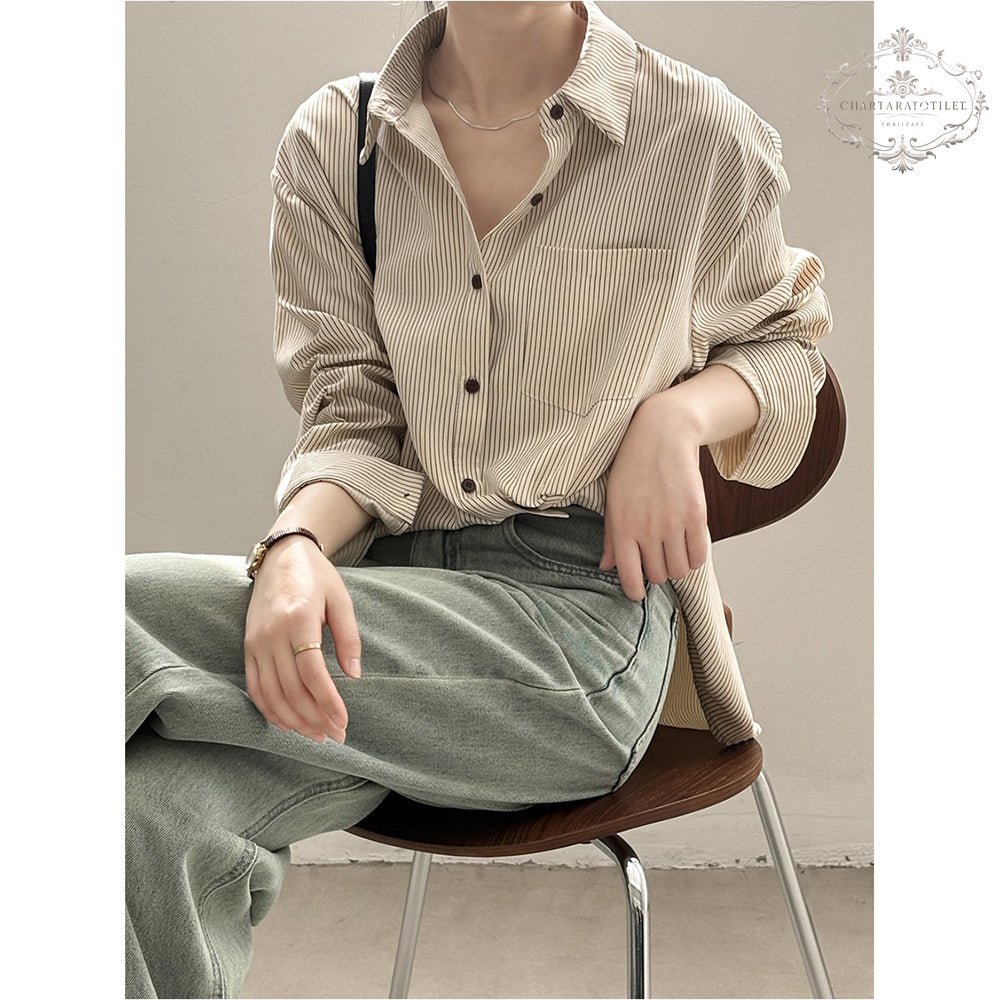 Age-reducing French striped shirt folded long-sleeved shirt [CHSH112]