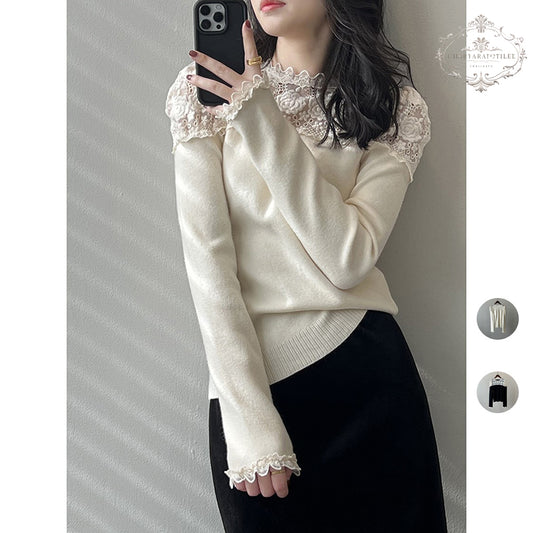 Lace splicing design long-sleeved bottoming shirt with sweet design in winter long-sleeved top [CHSW68]