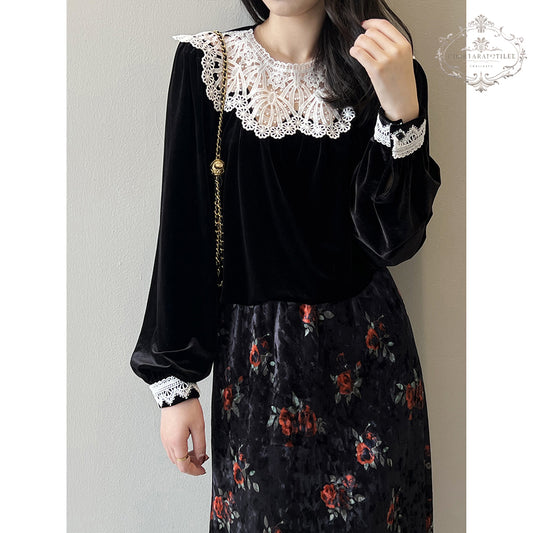 Retro lace collar velvet top for women winter French style long-sleeved top [CHT22]