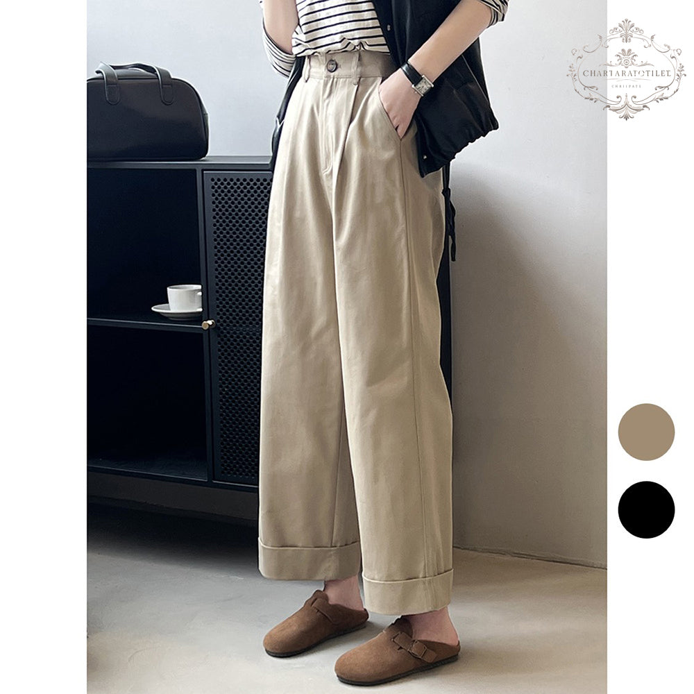 Tencel cotton straight-leg rolled-up pants, high-waisted loose wide-leg casual pants [CHTR28]