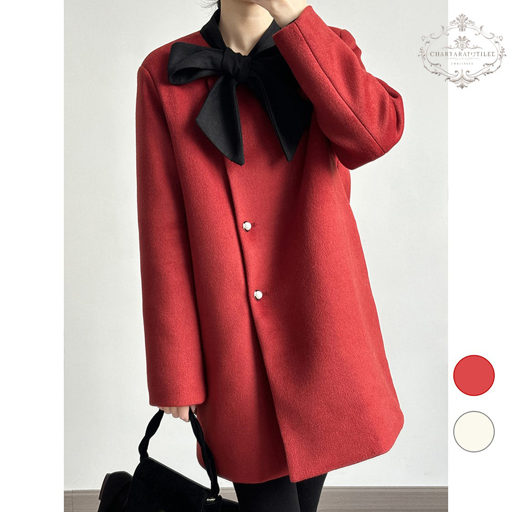 Xiaoxiangfeng contrasting bow woolen jacket in winter is loose and warm with white duck down lining [CHCO78]