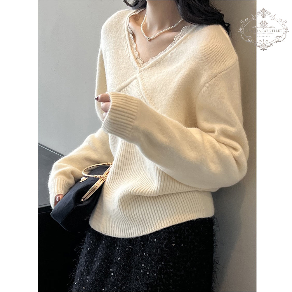 French lace patchwork lace V-neck sweater lace sweater [CHSW67]