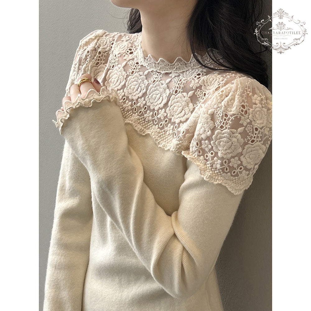 Lace splicing design long-sleeved bottoming shirt with sweet design in winter long-sleeved top [CHSW68]