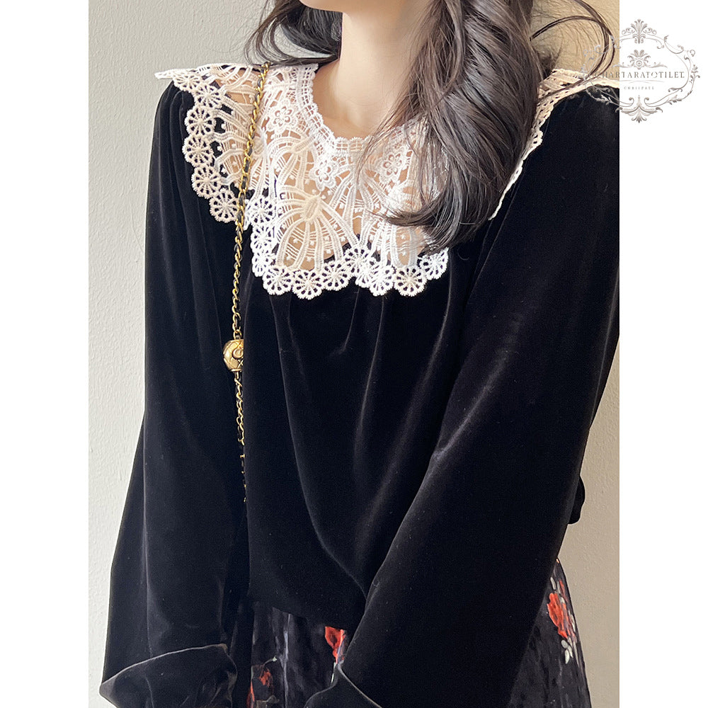 Retro lace collar velvet top for women winter French style long-sleeved top [CHT22]