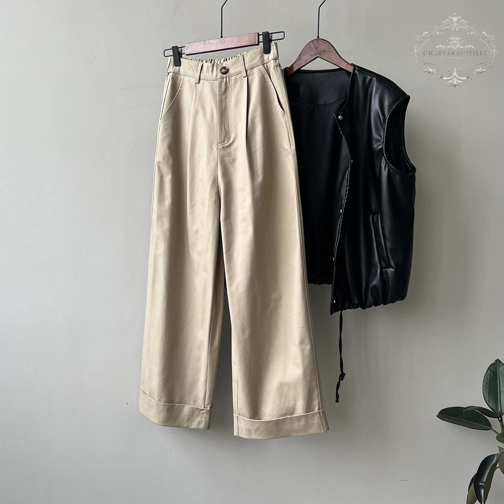 Tencel cotton straight-leg rolled-up pants, high-waisted loose wide-leg casual pants [CHTR28]