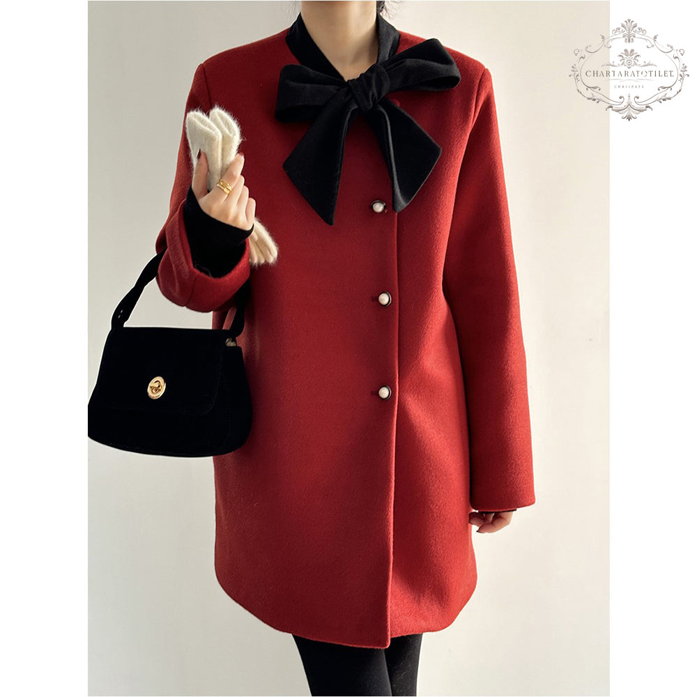 Xiaoxiangfeng contrasting bow woolen jacket in winter is loose and warm with white duck down lining [CHCO78]