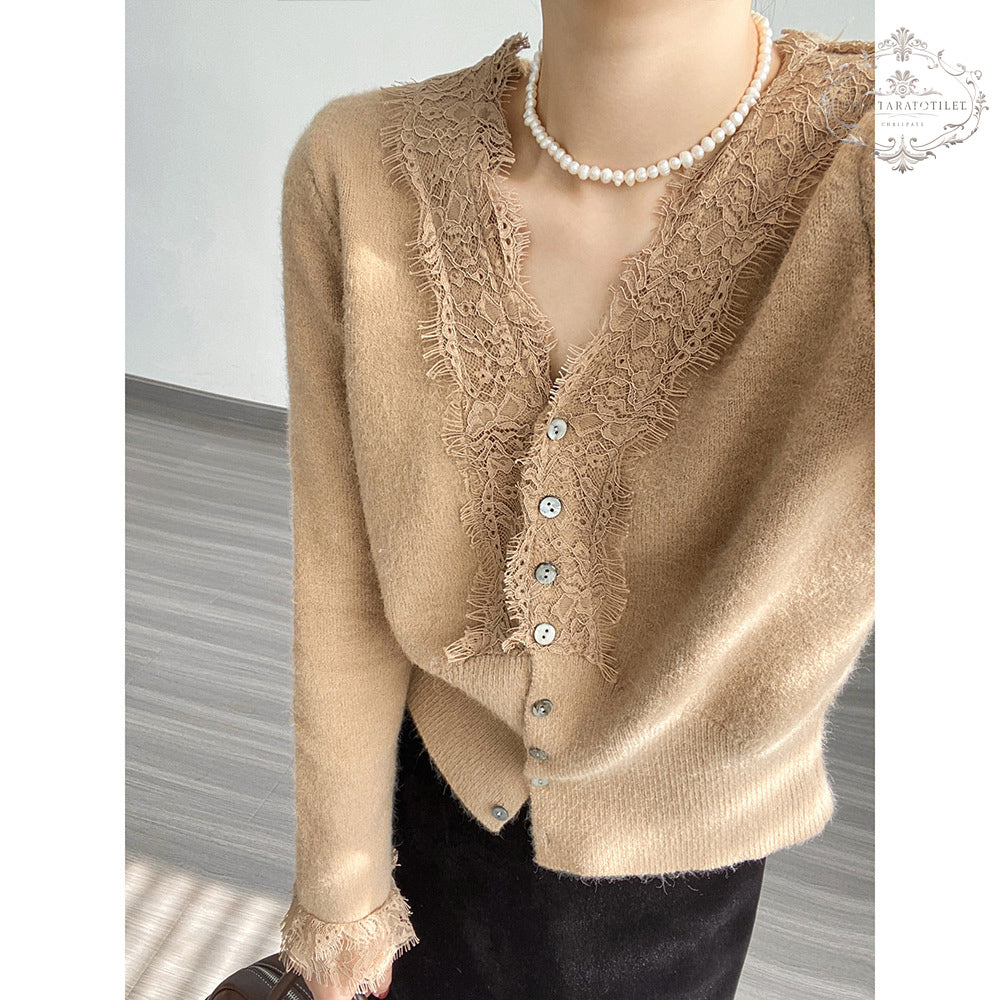 French lace stitching V-neck sweater design winter slim long-sleeved sweater [CHSW66]