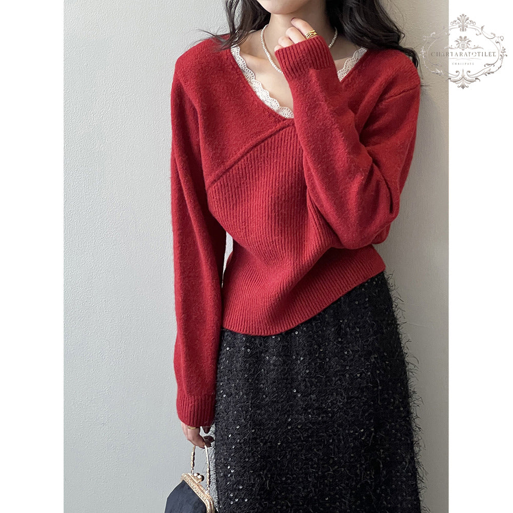 French lace patchwork lace V-neck sweater lace sweater [CHSW67]