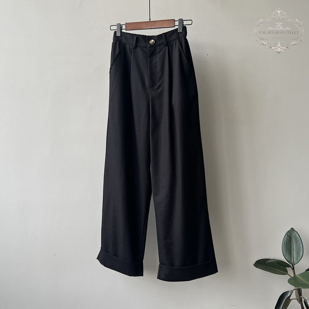 Tencel cotton straight-leg rolled-up pants, high-waisted loose wide-leg casual pants [CHTR28]