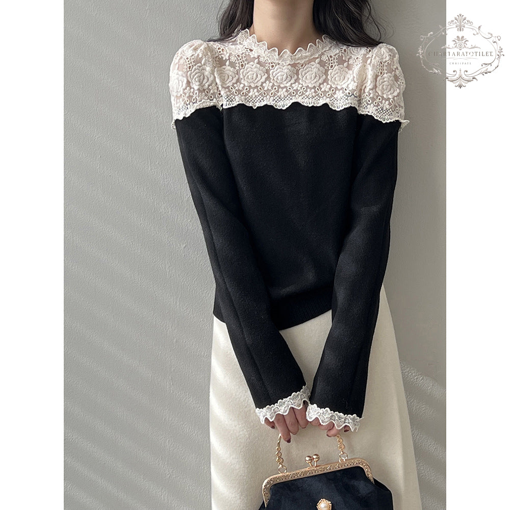 Lace splicing design long-sleeved bottoming shirt with sweet design in winter long-sleeved top [CHSW68]