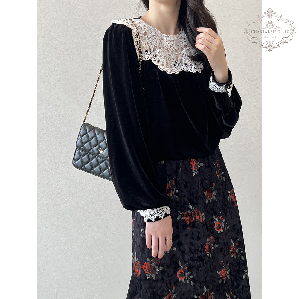 Retro lace collar velvet top for women winter French style long-sleeved top [CHT22]