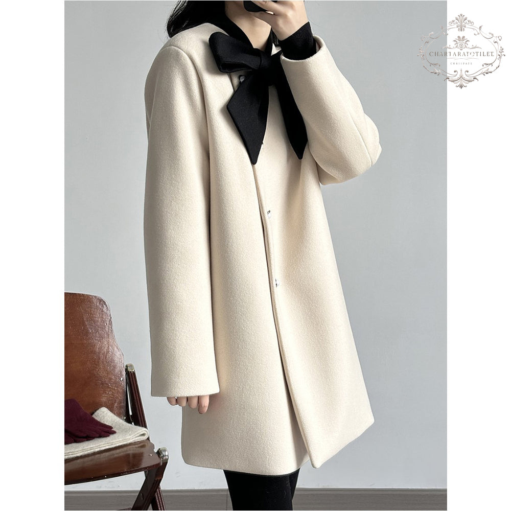 Xiaoxiangfeng contrasting bow woolen jacket in winter is loose and warm with white duck down lining [CHCO78]