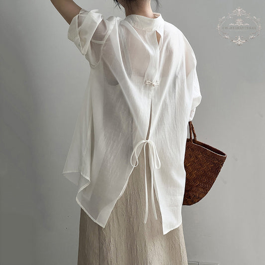 Beautiful buttoned light sunshade shirt with back slit and layered thin shirt [CHSH118]