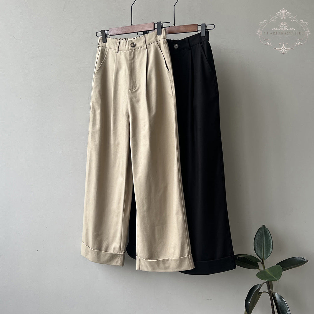 Tencel cotton straight-leg rolled-up pants, high-waisted loose wide-leg casual pants [CHTR28]