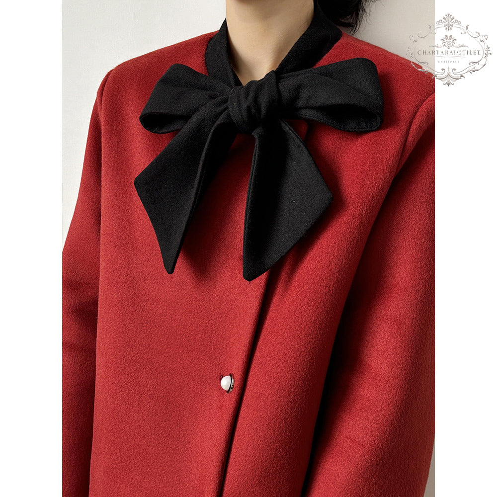 Xiaoxiangfeng contrasting bow woolen jacket in winter is loose and warm with white duck down lining [CHCO78]