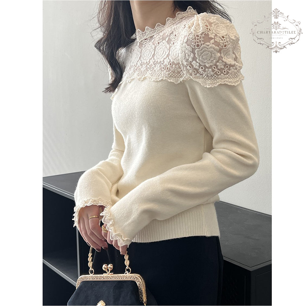 Lace splicing design long-sleeved bottoming shirt with sweet design in winter long-sleeved top [CHSW68]