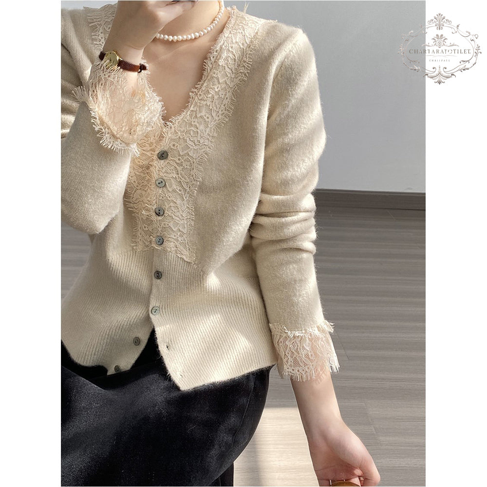 French lace stitching V-neck sweater design winter slim long-sleeved sweater [CHSW66]