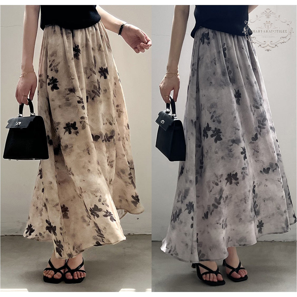 French retro style floral ink smudged skirt literary retro floral skirt CHSK144