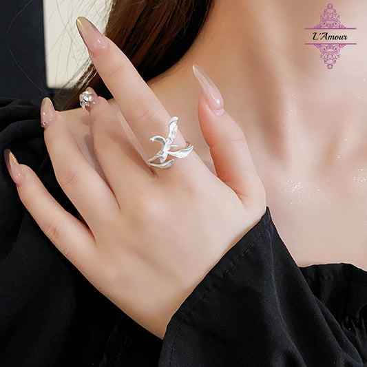 Silver matte flower open ring, simple, stylish and stylish index finger ring [LA150]