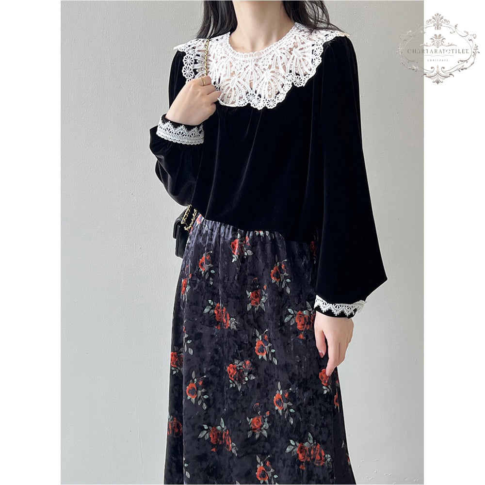 Retro lace collar velvet top for women winter French style long-sleeved top [CHT22]