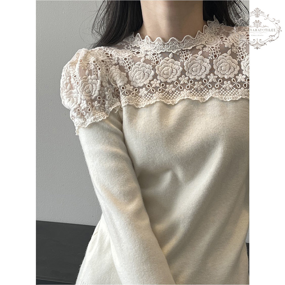 Lace splicing design long-sleeved bottoming shirt with sweet design in winter long-sleeved top [CHSW68]