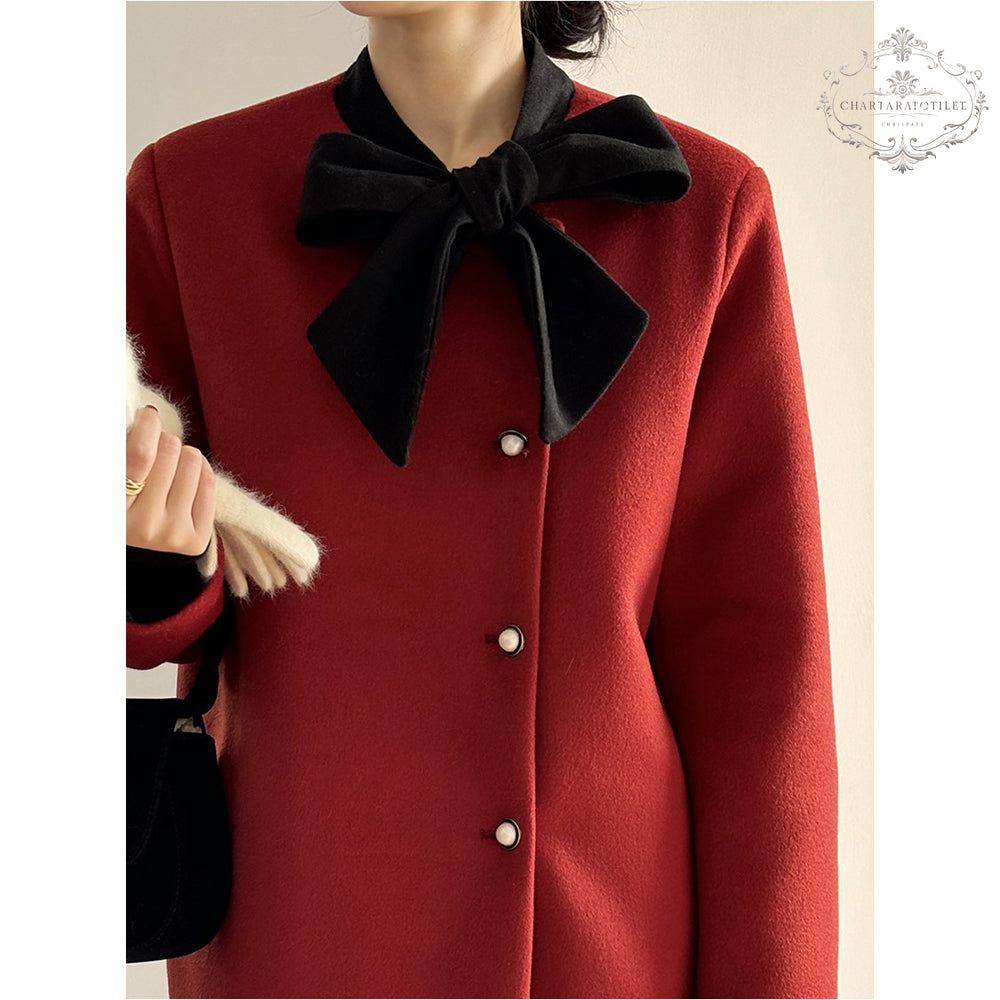 Xiaoxiangfeng contrasting bow woolen jacket in winter is loose and warm with white duck down lining [CHCO78]