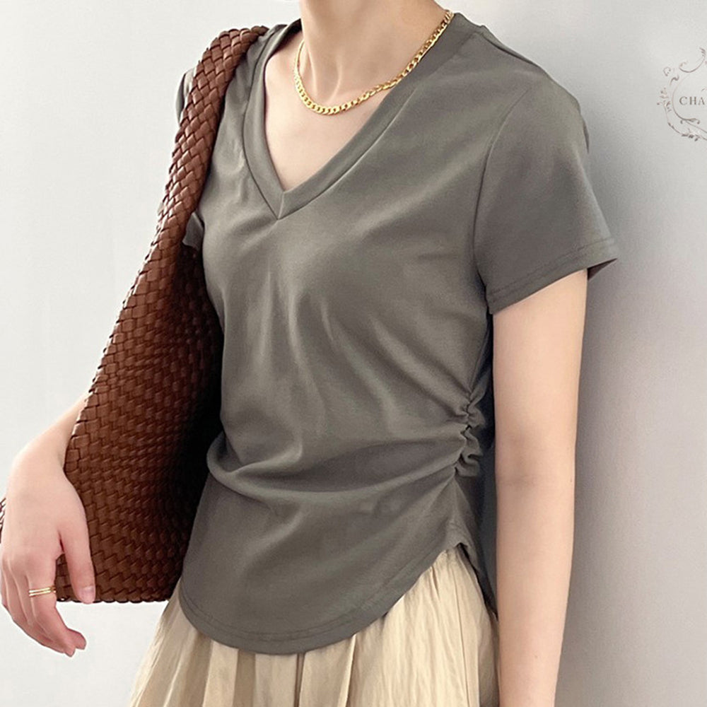 Silo cotton spring and summer pleated V-neck short-sleeved T-shirt for girls, slim waisted short-sleeved top, Korean-style slim-waisted short-sleeved top, moisture-wicking T [CHT27]