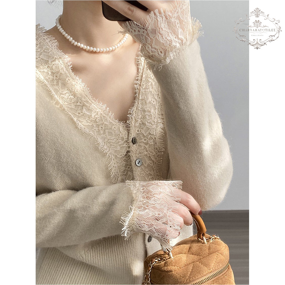 French lace stitching V-neck sweater design winter slim long-sleeved sweater [CHSW66]