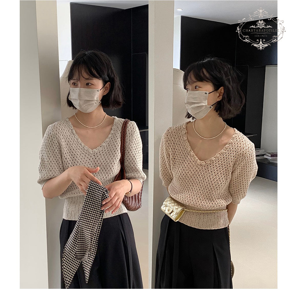 Korean generation handmade lace collar hollow short-sleeved thin sweater V-neck slimming design [CHSW74]