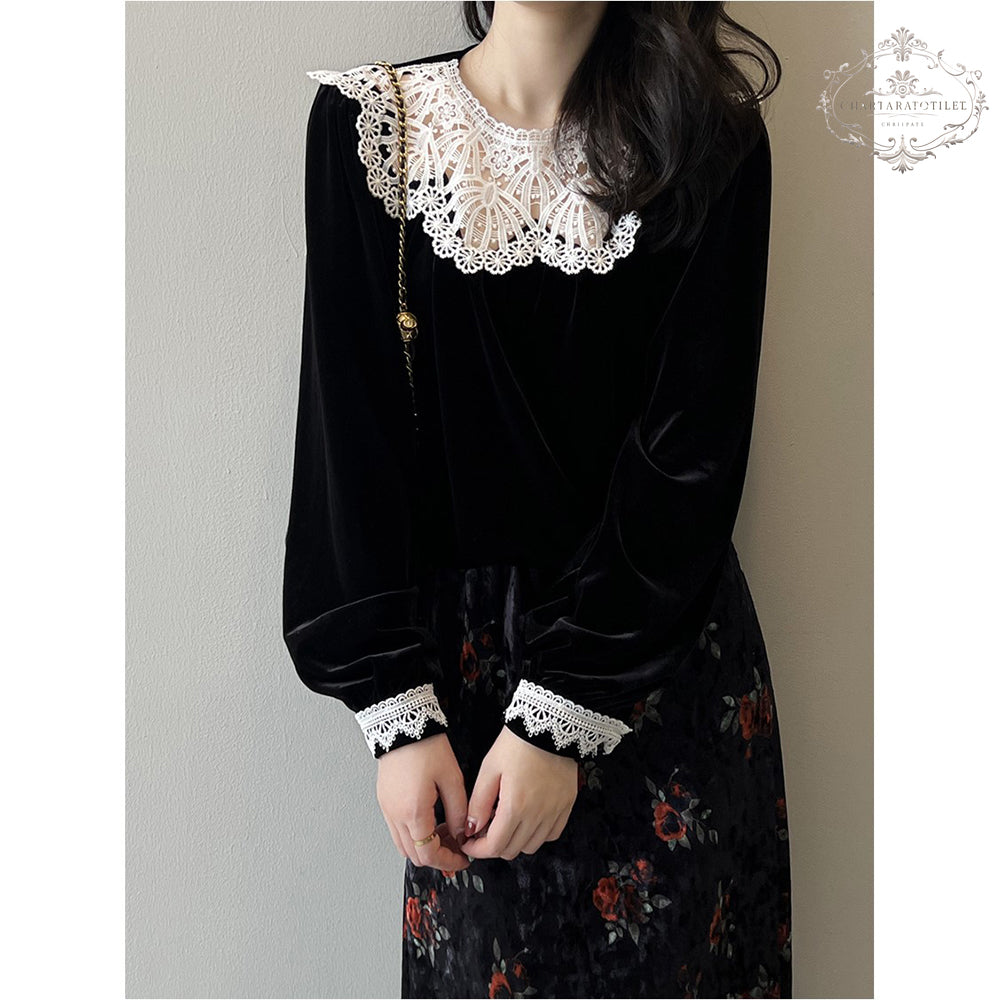 Retro lace collar velvet top for women winter French style long-sleeved top [CHT22]