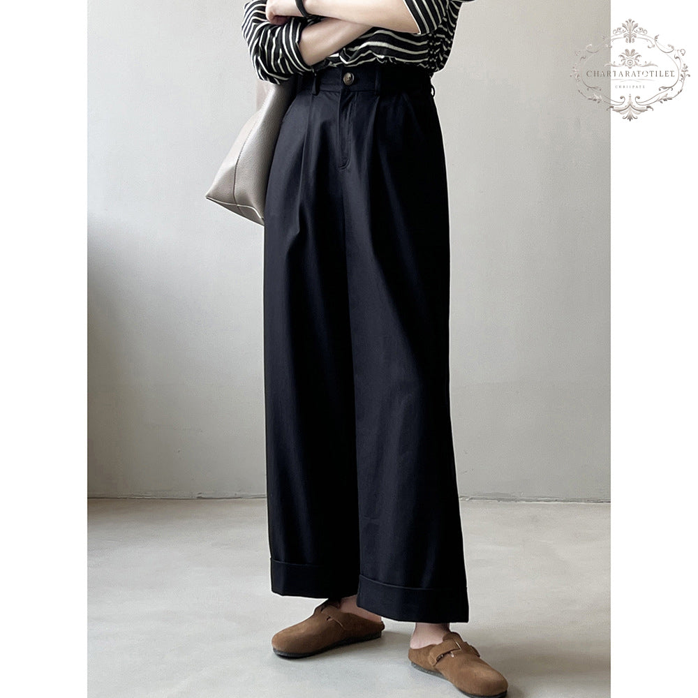 Tencel cotton straight-leg rolled-up pants, high-waisted loose wide-leg casual pants [CHTR28]