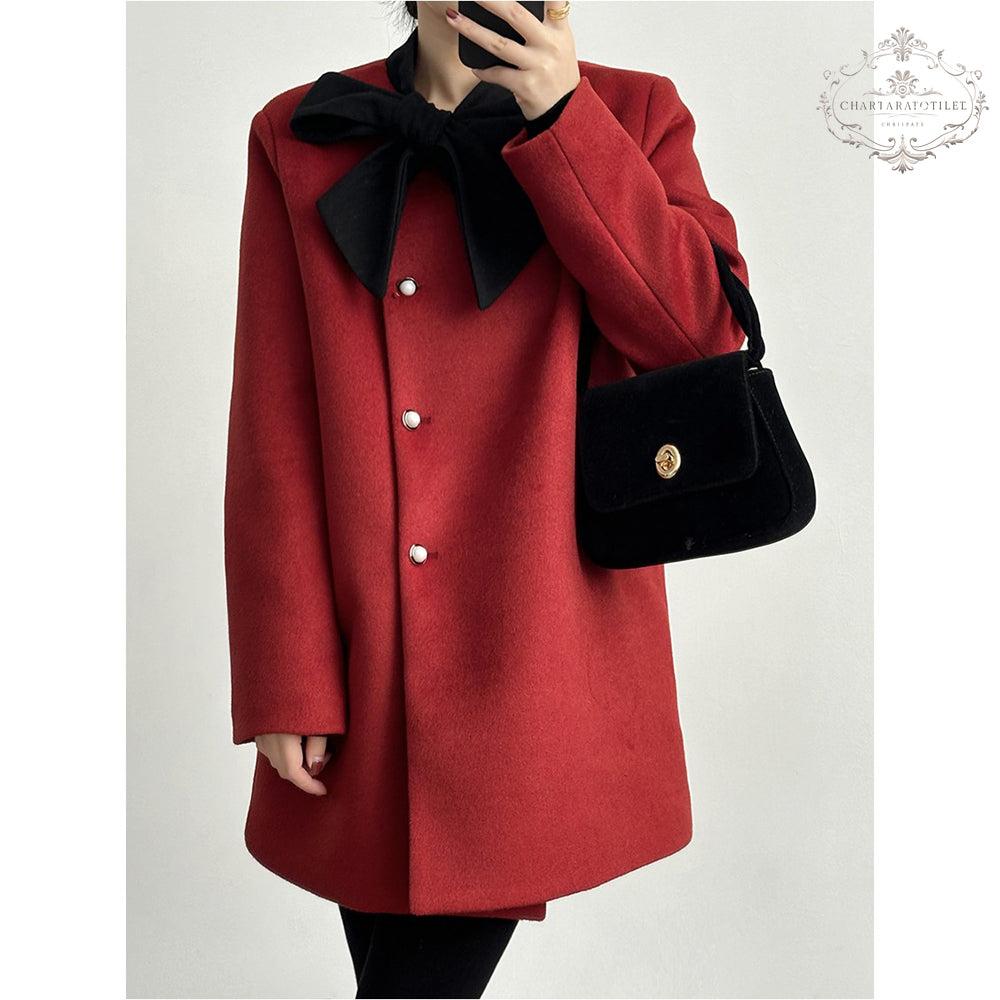 Xiaoxiangfeng contrasting bow woolen jacket in winter is loose and warm with white duck down lining [CHCO78]